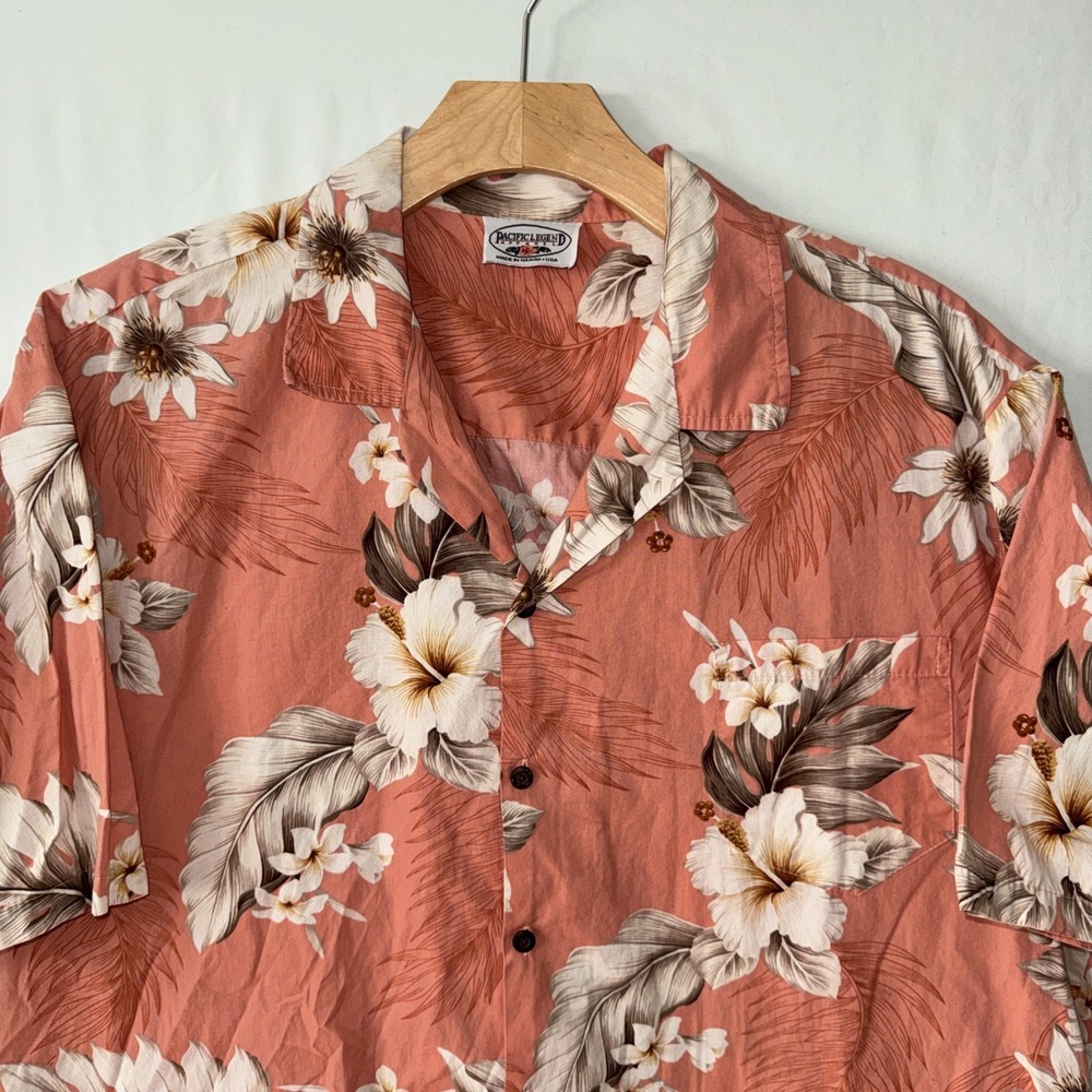 VINTAGE Pacific Legend Short Sleeve Shirt 2XL Peach Floral Cotton Hawaiian